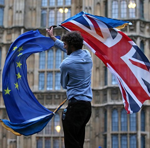 Участник протеста против Brexit возле здания парламента в Лондоне