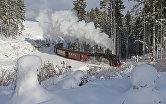Поезд едет по заснеженному лесу неподалеку от города Вернигероде, Германия